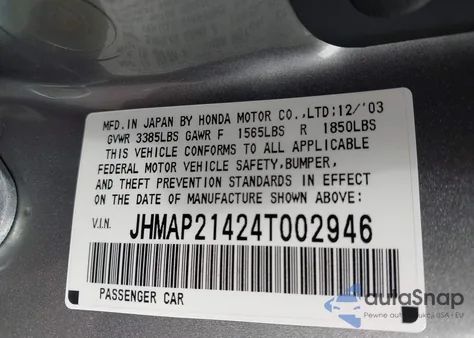 2004 Honda S2000 z USA, uszkodzony, nr VIN JHMAP21424T002946